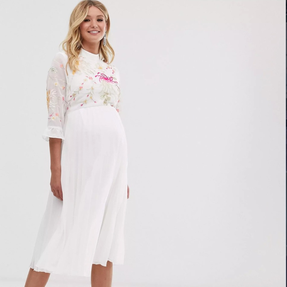 ASOS Maternity Embroidered Pleated Midi Dress